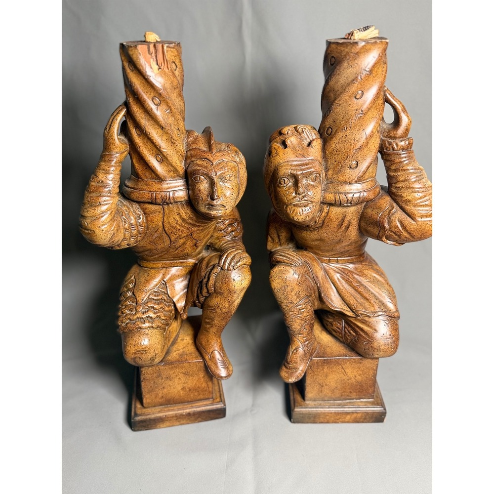 Vtg Hand Carved Wood Renaissance Soldier Carving Architectural Salvage pair